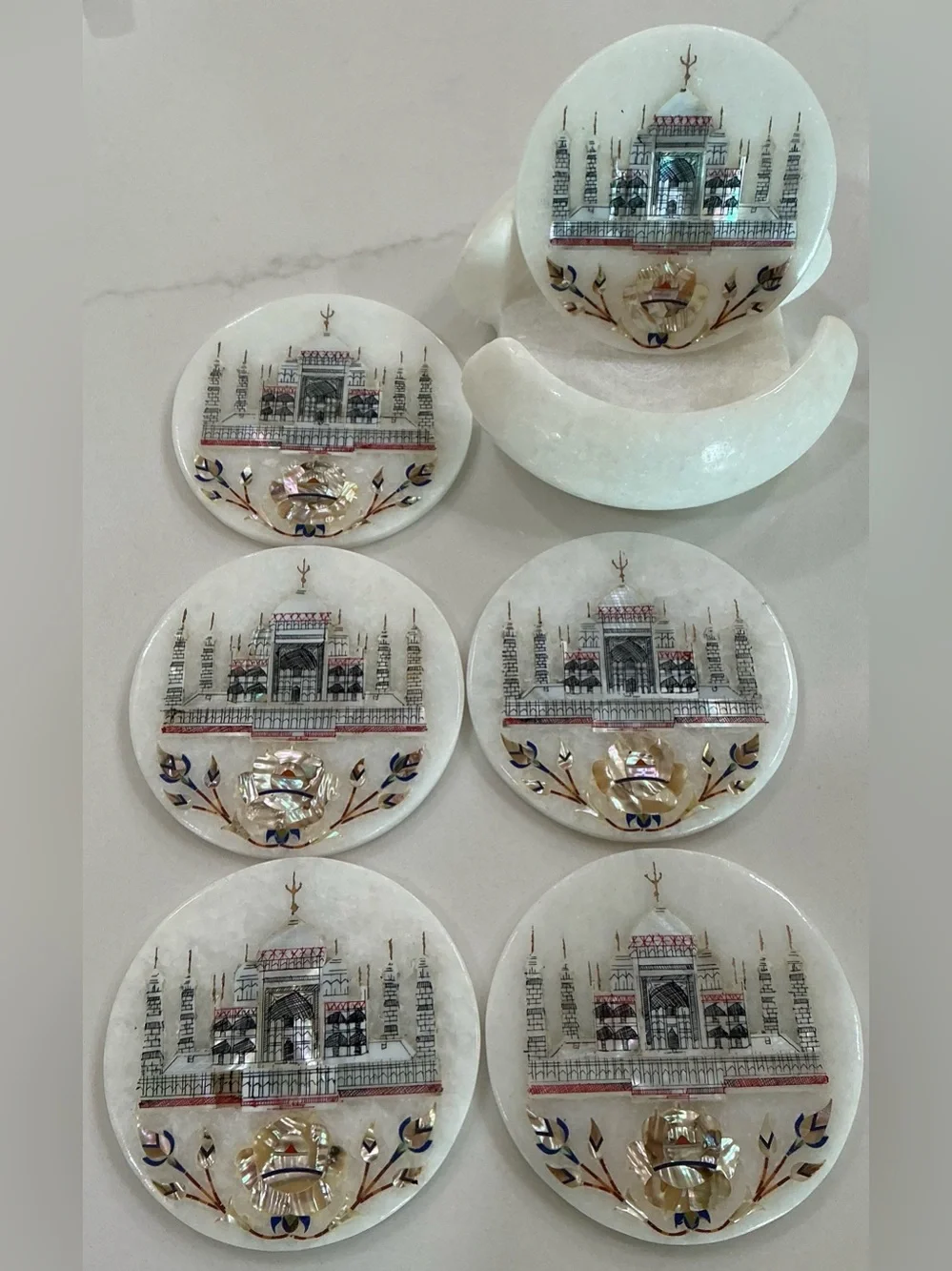 Set 6 Round Marble Tea Coaster Set Taj Mahal Art Gift-able Coaster for Eid 4.5”
